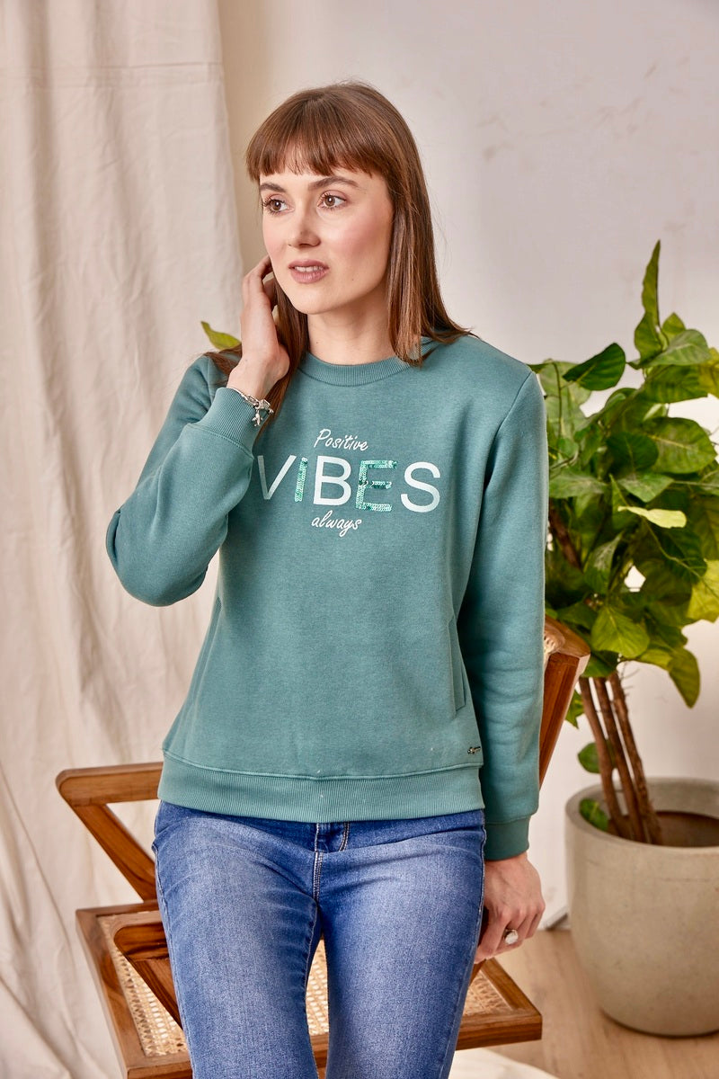 Green Print & Sequin Embroidered Sweat Shirt