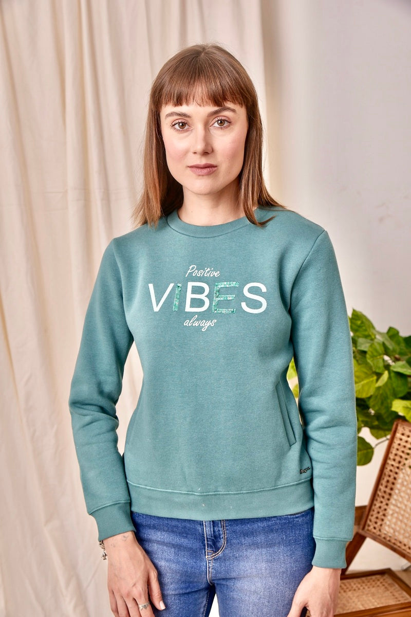 Green Print & Sequin Embroidered Sweat Shirt