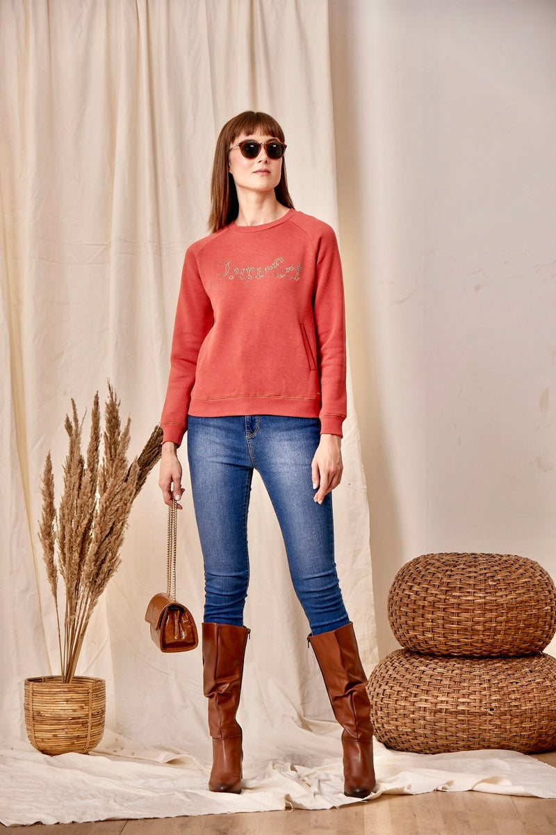 Rust Stud Embellished Sweat Shirt