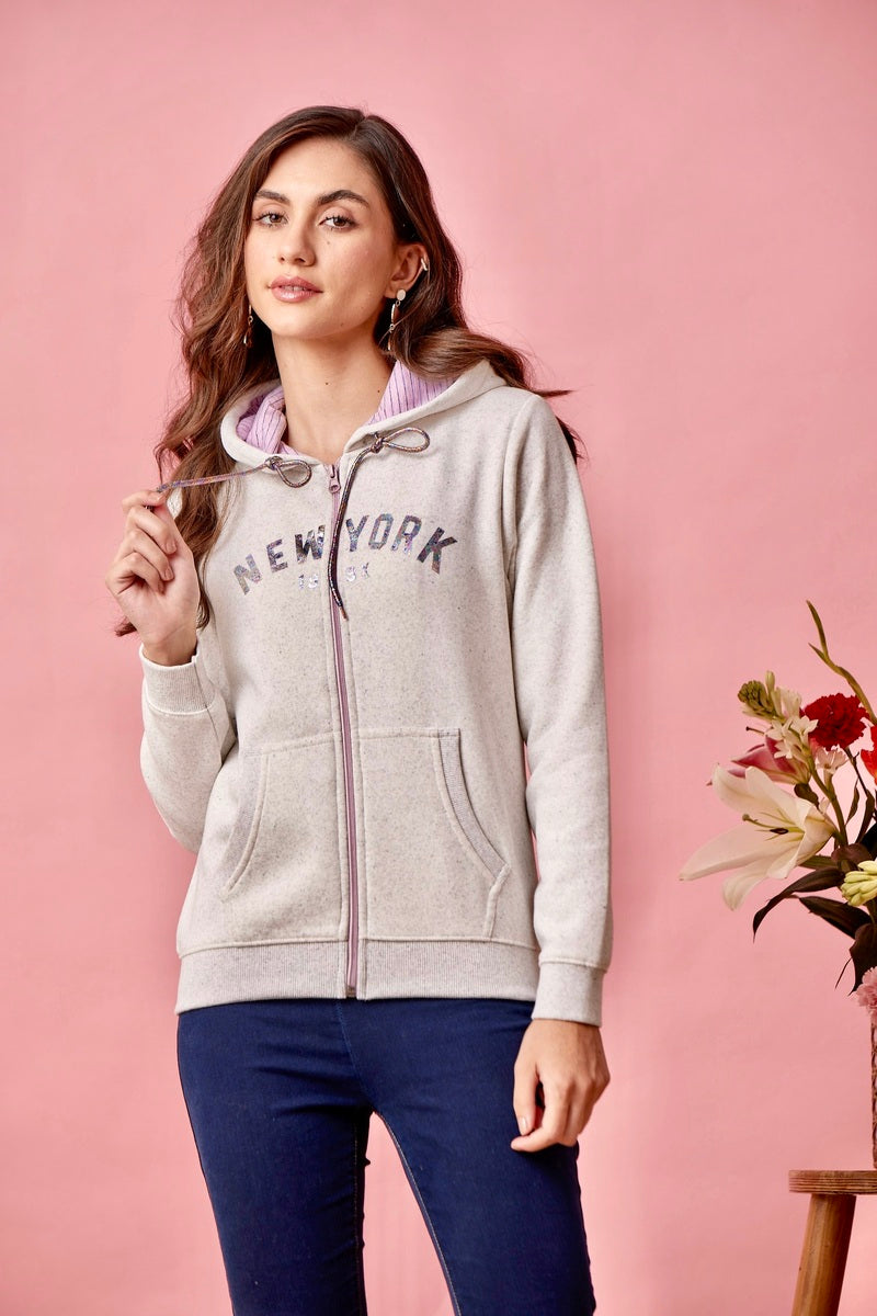 Grey Pink Multi Coloured Melange Hoodie Print Sweat Shirt