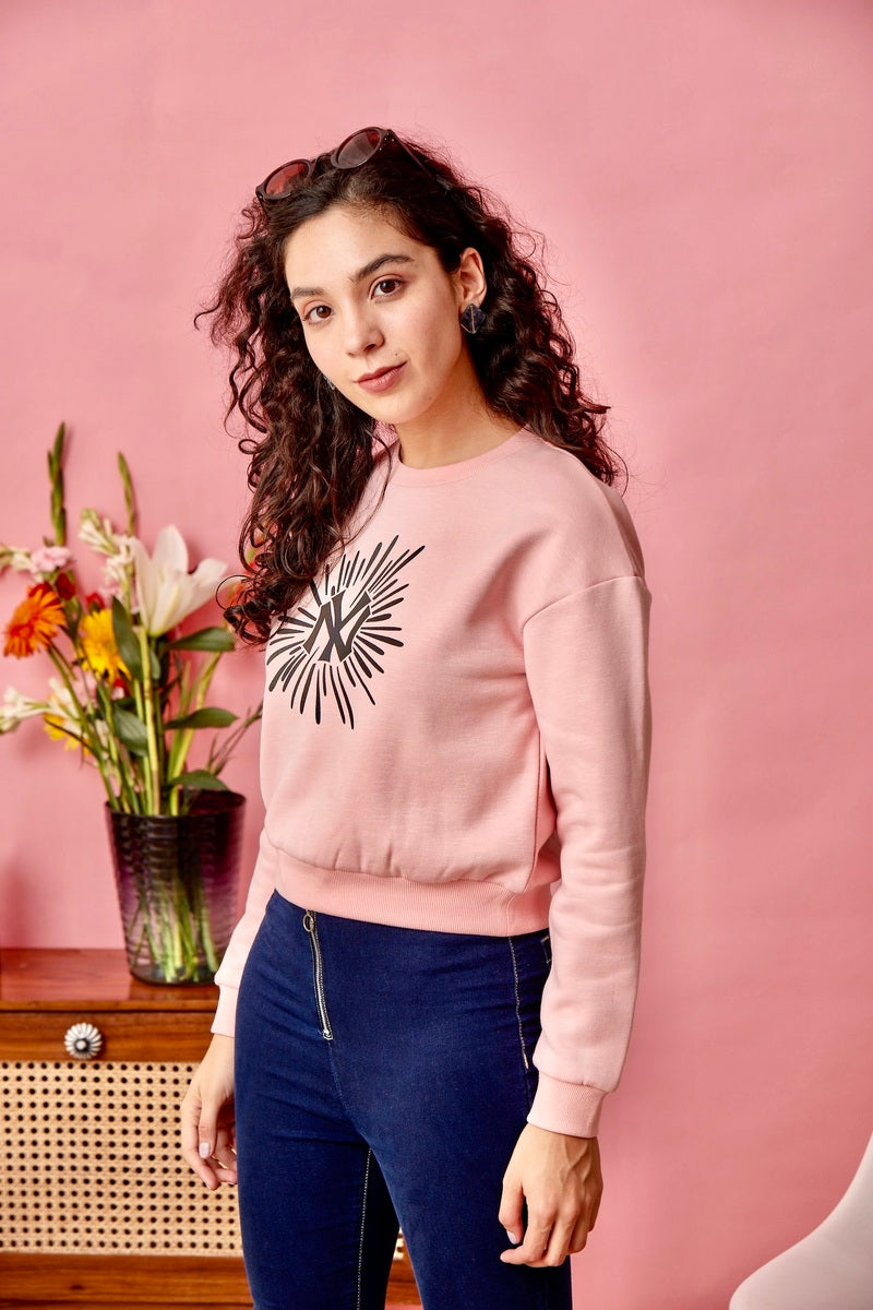 Pink Reflective Print Anti Fit Crop Sweat Shirt