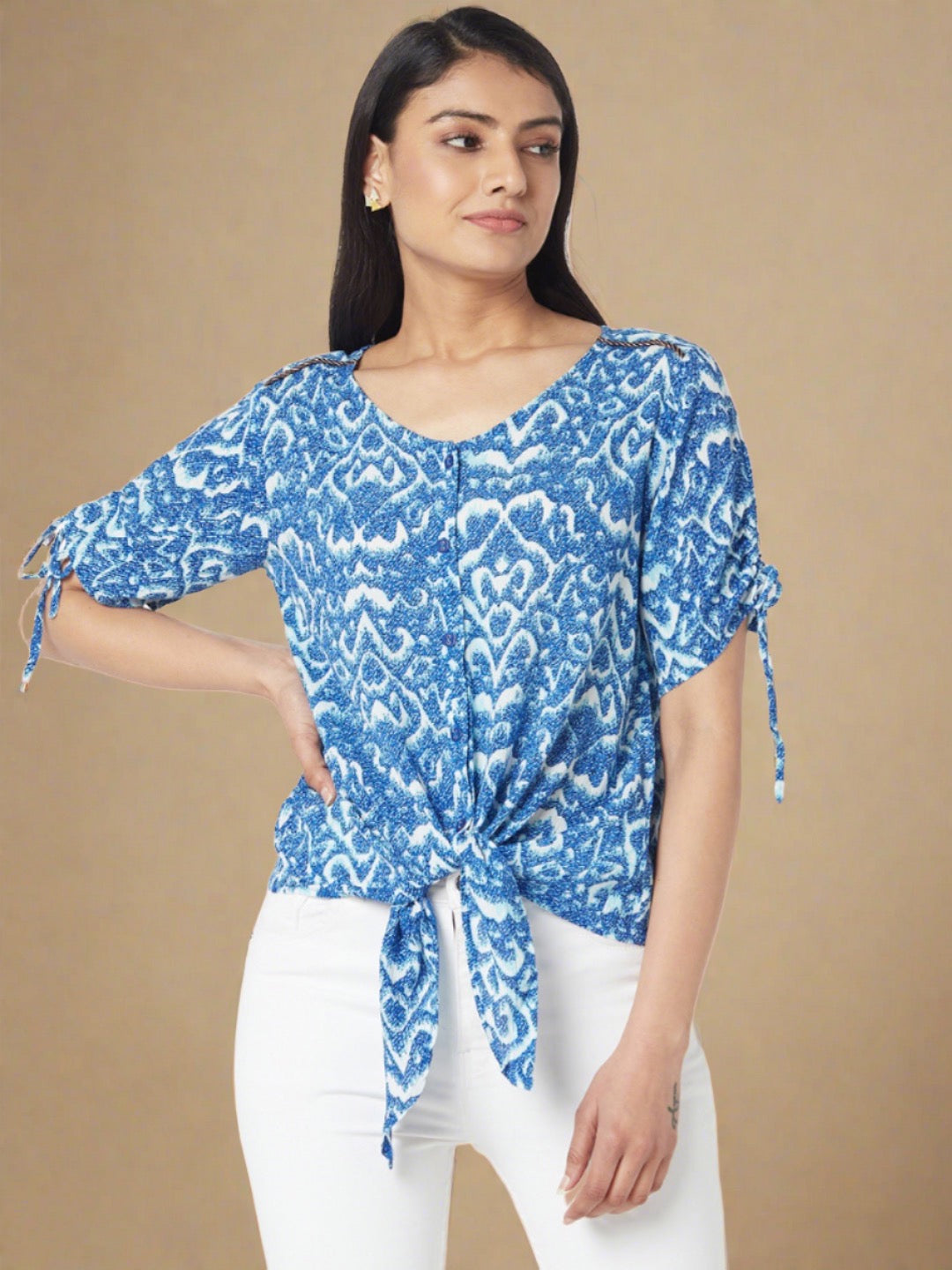 Blue Round Neck Knotted Shirt