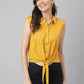 Mustard Cotton Blend Self Printed Floral Front Buttoned Knotted Shirt Top
