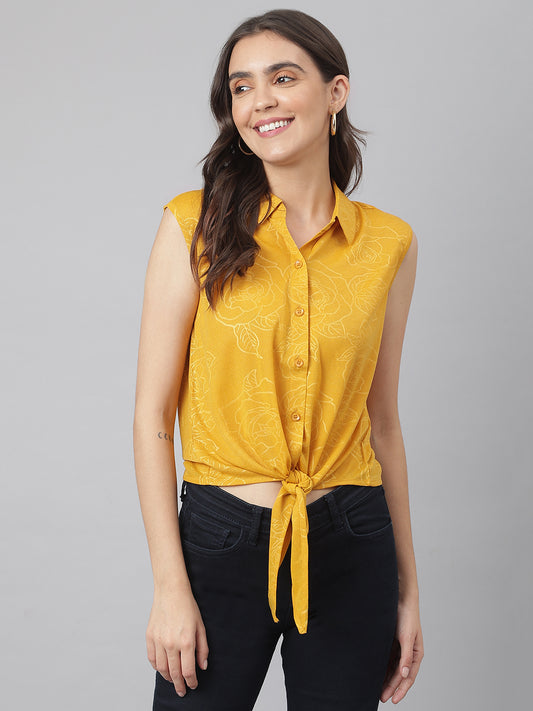 Mustard Cotton Blend Self Printed Floral Front Buttoned Knotted Shirt Top