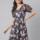 Black Poly Blend Lycra Fabric Floral Printed Dress With Organza Sleeves