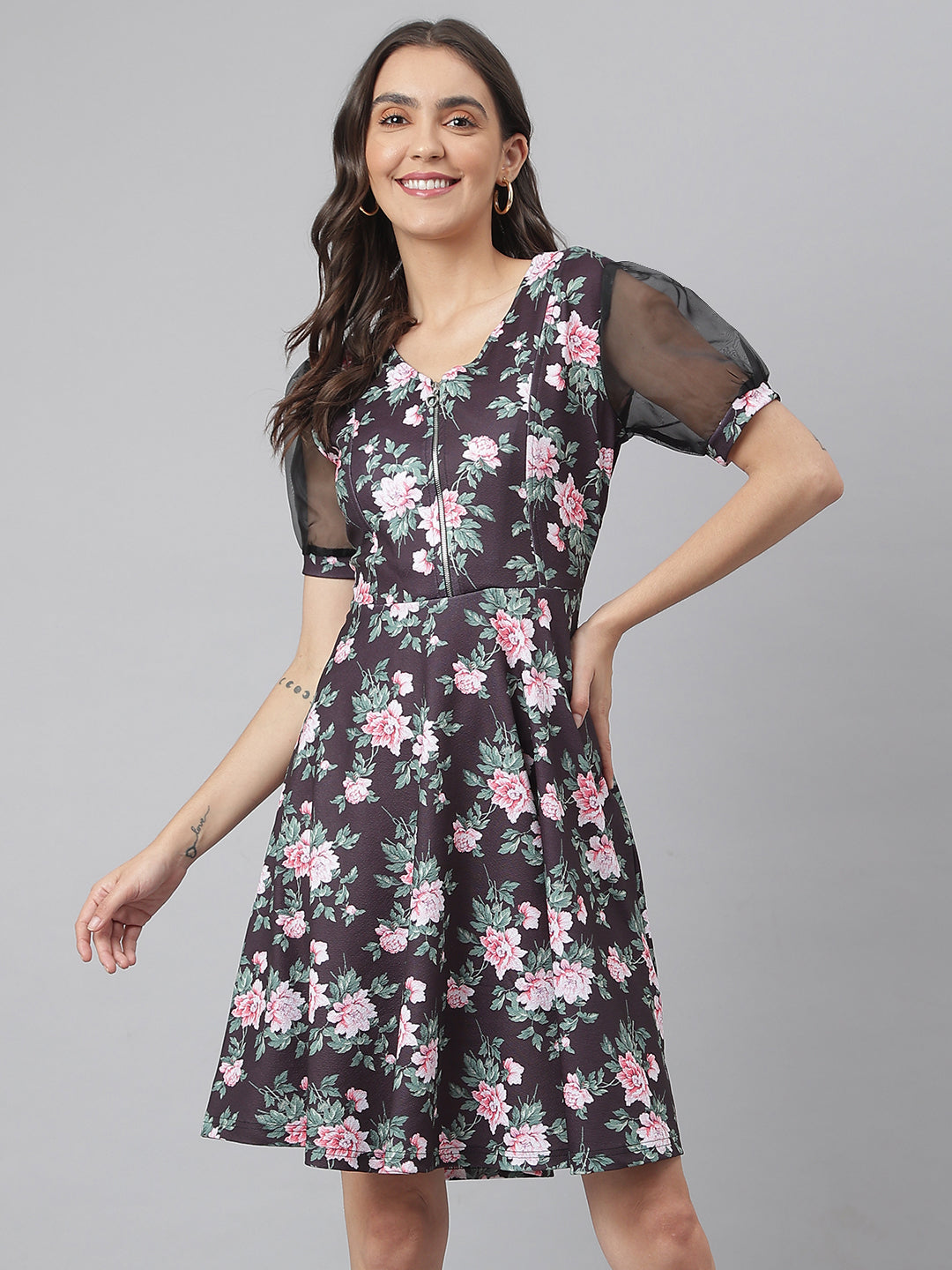 Black Poly Blend Lycra Fabric Floral Printed Dress With Organza Sleeves