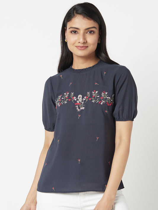 Navy Round Neck Embroidered Top