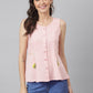 Round Neck Woven Front Buttoned Cut Sleeve Top