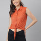 Rust Cotton Blend Self Printed Floral Front Buttoned Knotted Shirt Top
