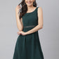Bottle Green Woven Formal Dress With Embroidered Waist Band & Side Zip