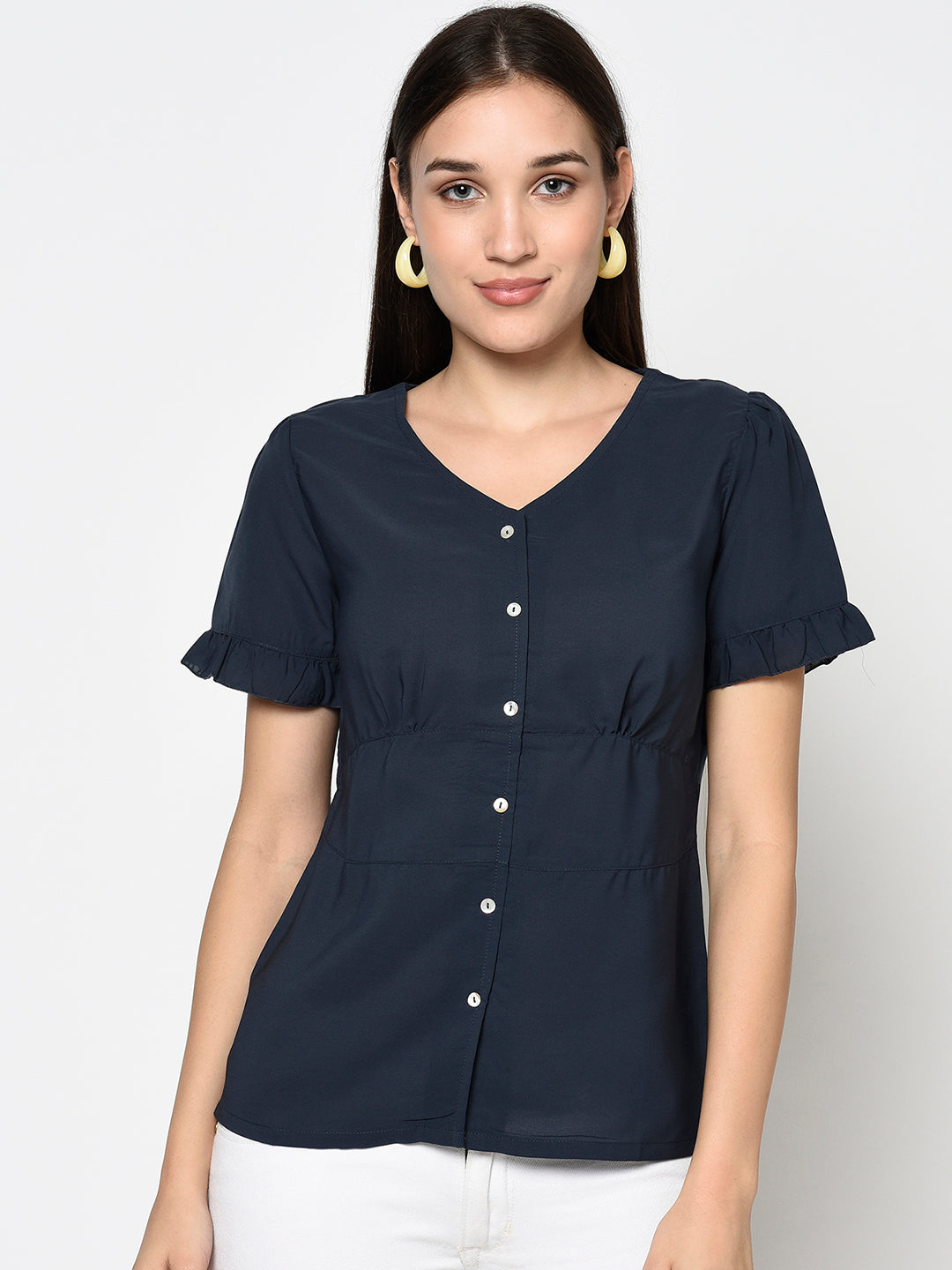 Navy Blue V Neck Buttoned Top