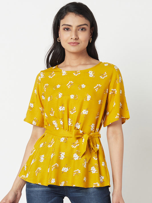 Mustard Round Neck Woven Cotton Rayon Top With Belt