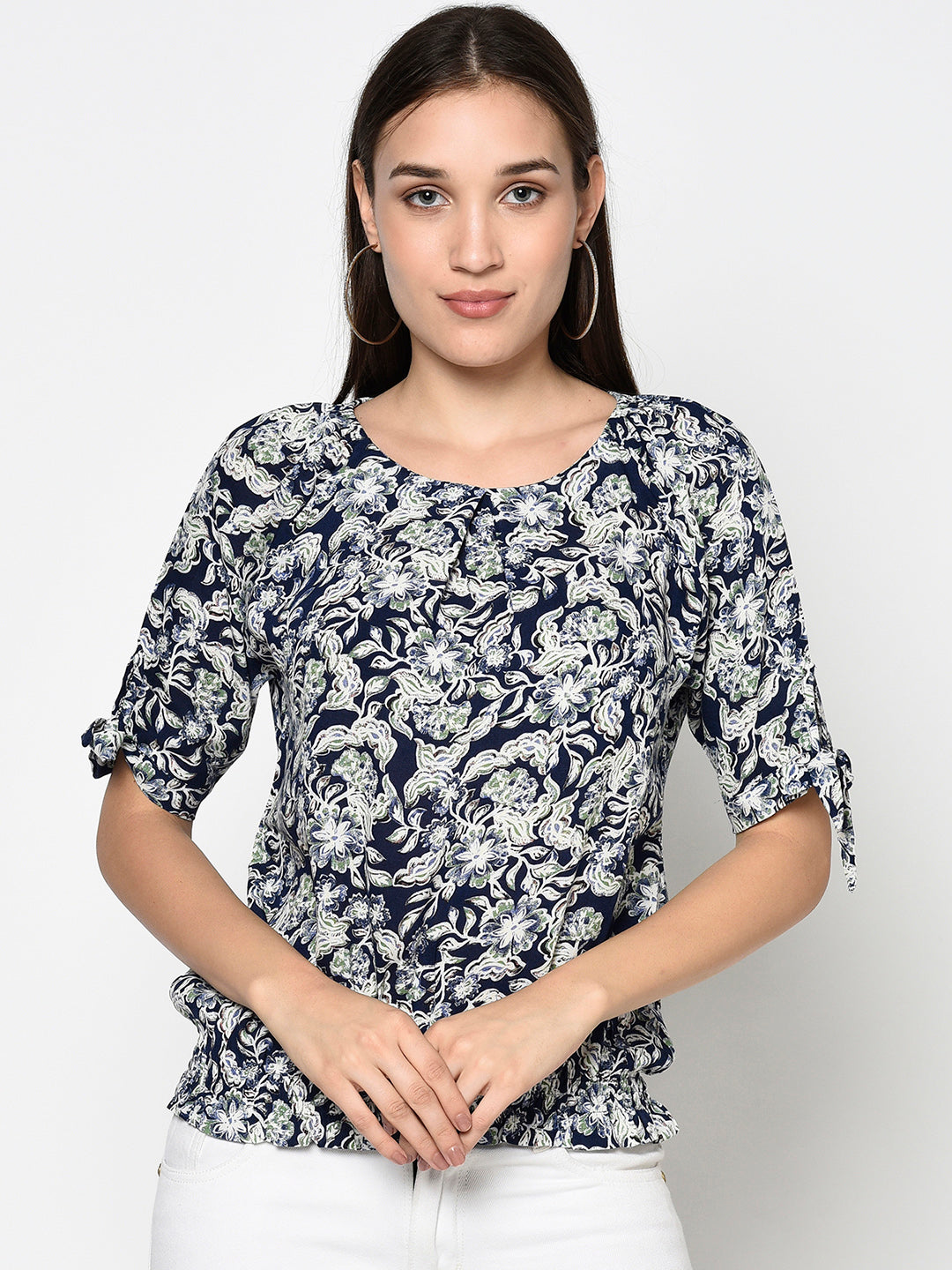 Navy Round Neck Woven Rayon Top With Elasticated Bottom