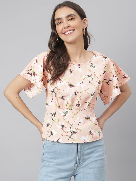 Peach Floral Printed Office Wear Top