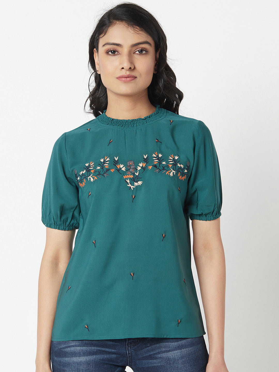 Green Round Neck Embroidered Top