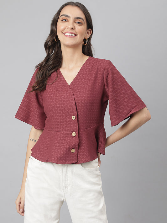 Maroon Elegant Looking Office Wear Peplum Bottomed Top