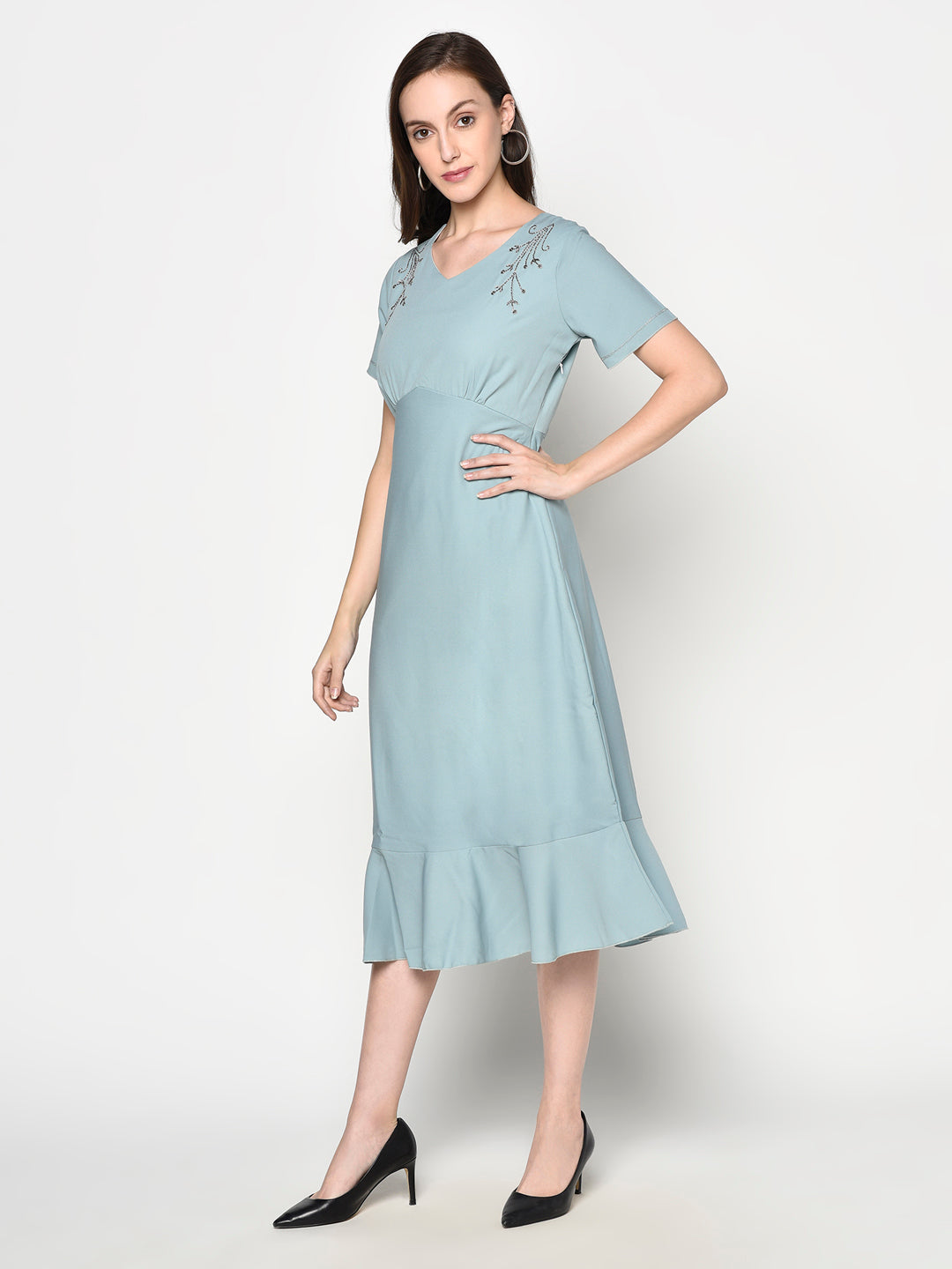 2199279 - Aqua V Neck Formal Woven Dress