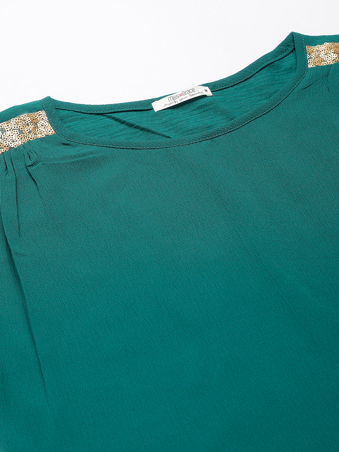 Green Short Top With Woven Front With Knitted Back & Shimmery Lace On Shoulder