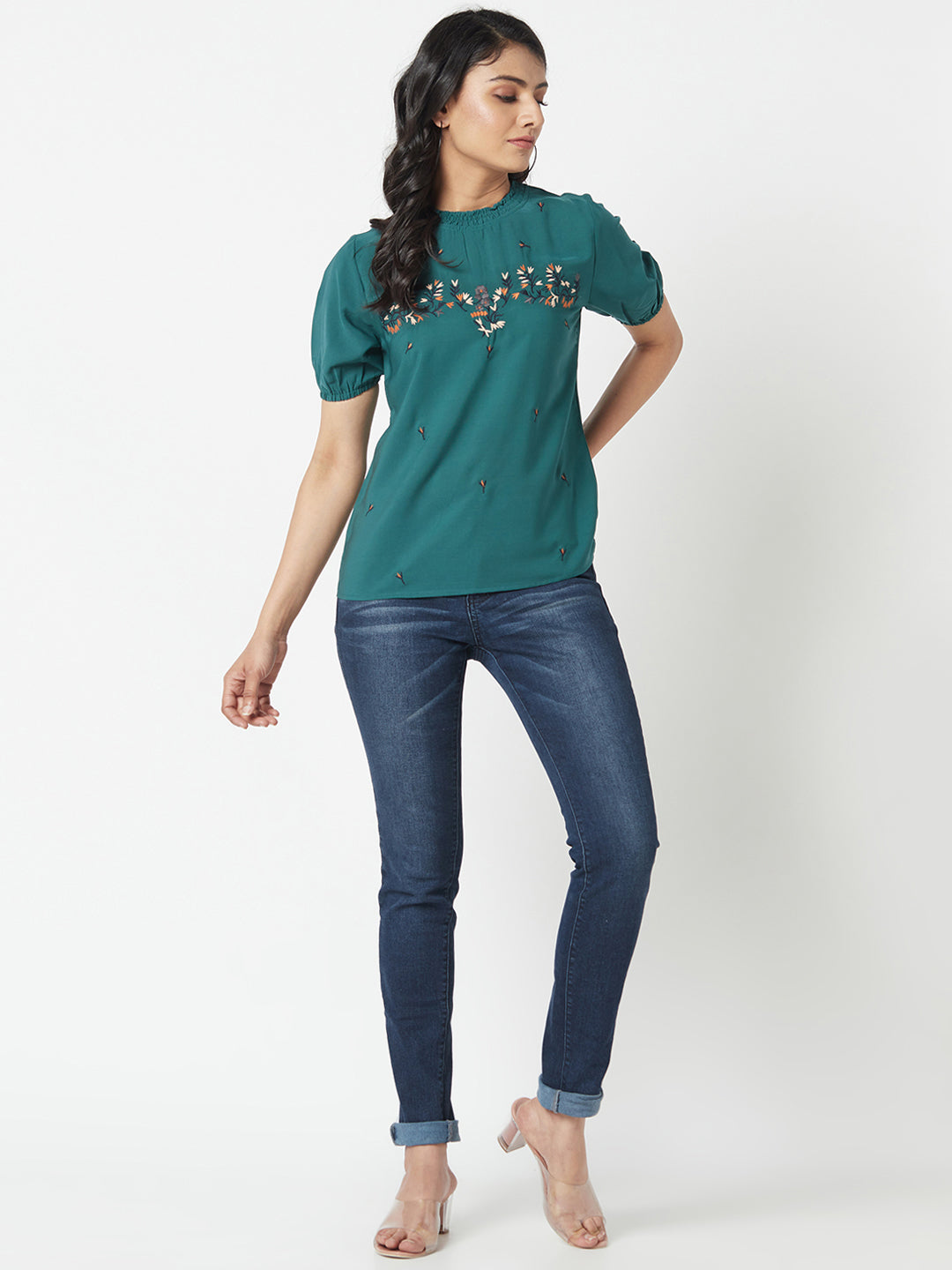 Green Round Neck Embroidered Top