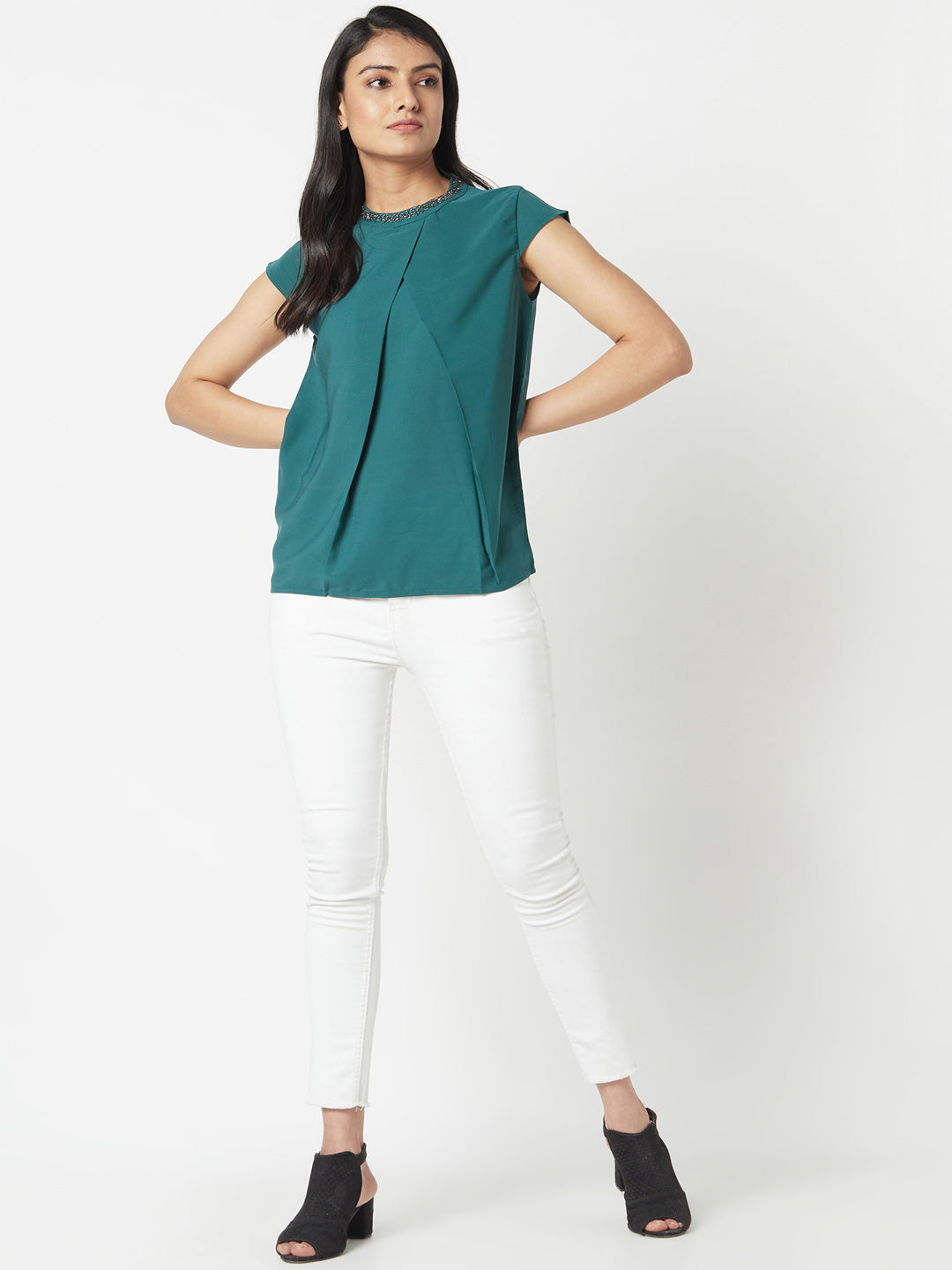 Green Round Neck hand Embroidered Formal Top