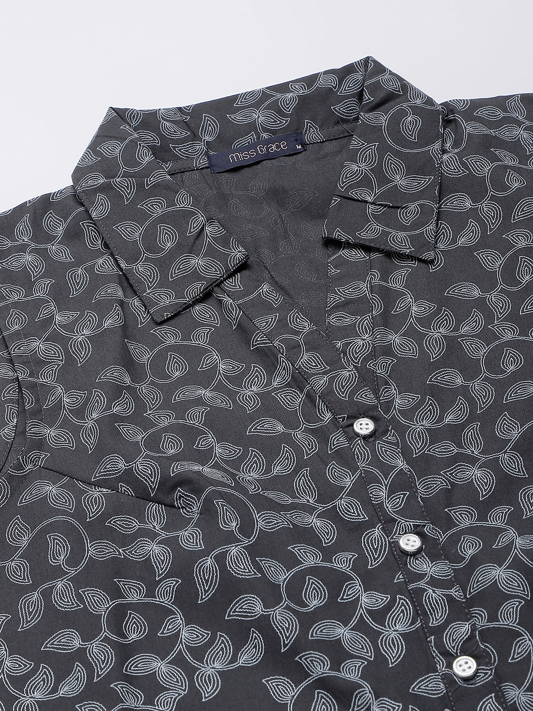 Black Leaf Printed Buttoned Shirt Top With Knot In Front