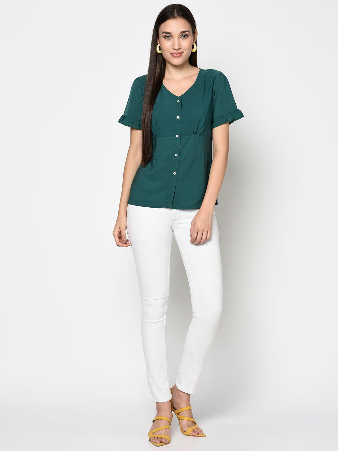 Green V Neck Buttoned Top