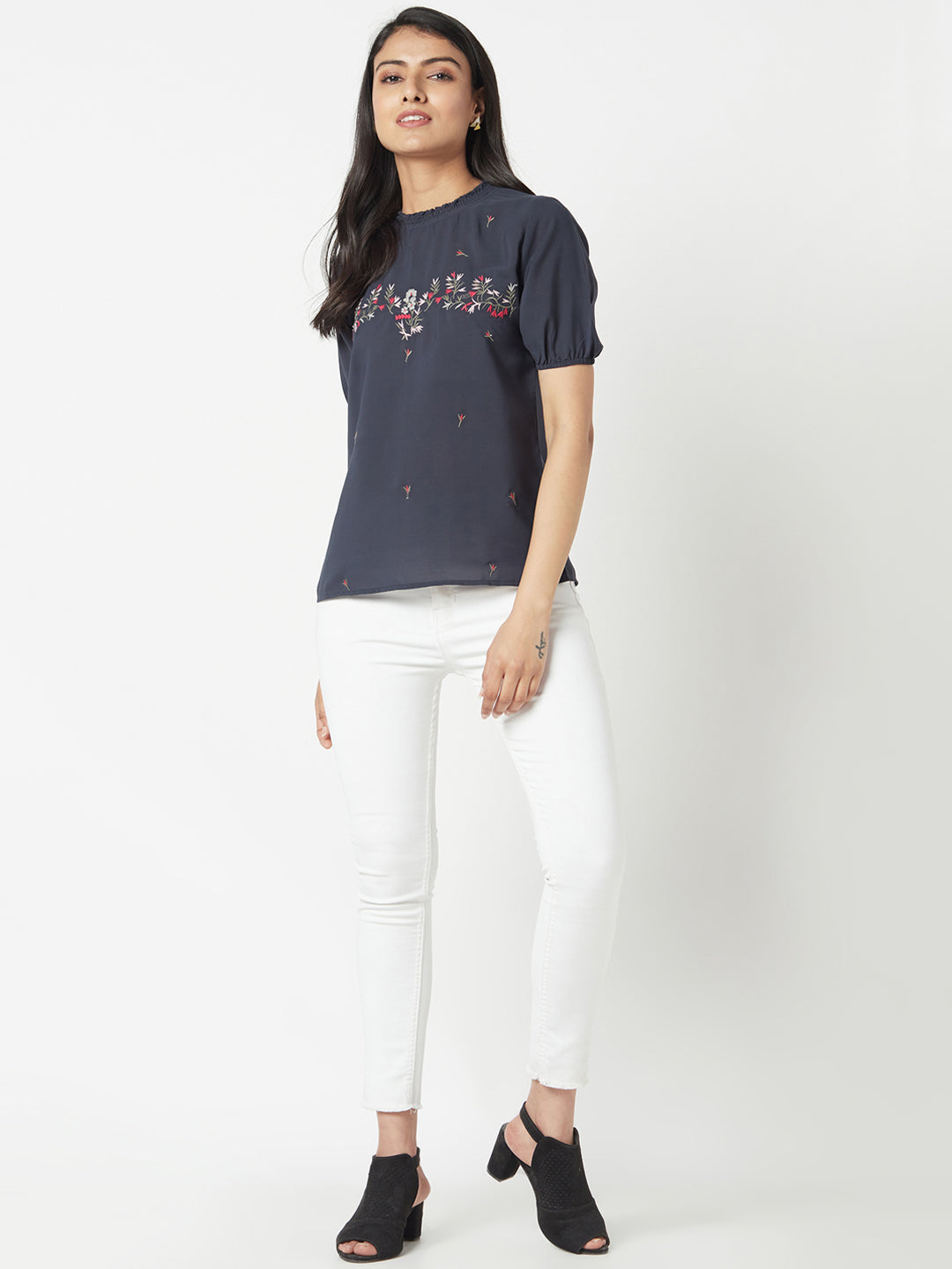 Navy Round Neck Embroidered Top