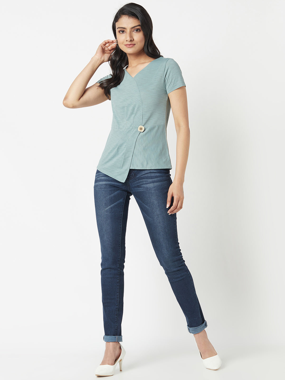 Green V Neck Cotton Top With Extended Side