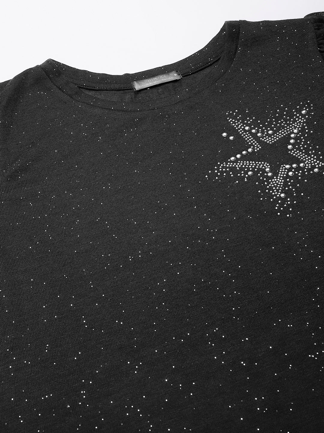 Black Round Neck Poly Blend Star Studded Knitted Top