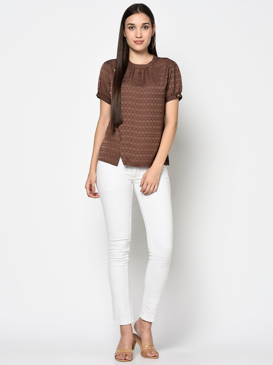 Brown Round Neck Woven Top