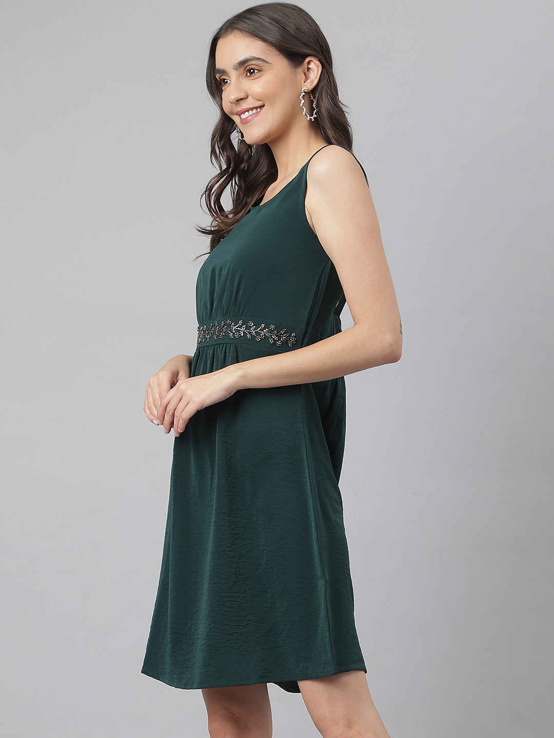 99408 - Bottle Green Woven Formal Dress Ith Embroidered Waist Band & Side Zip