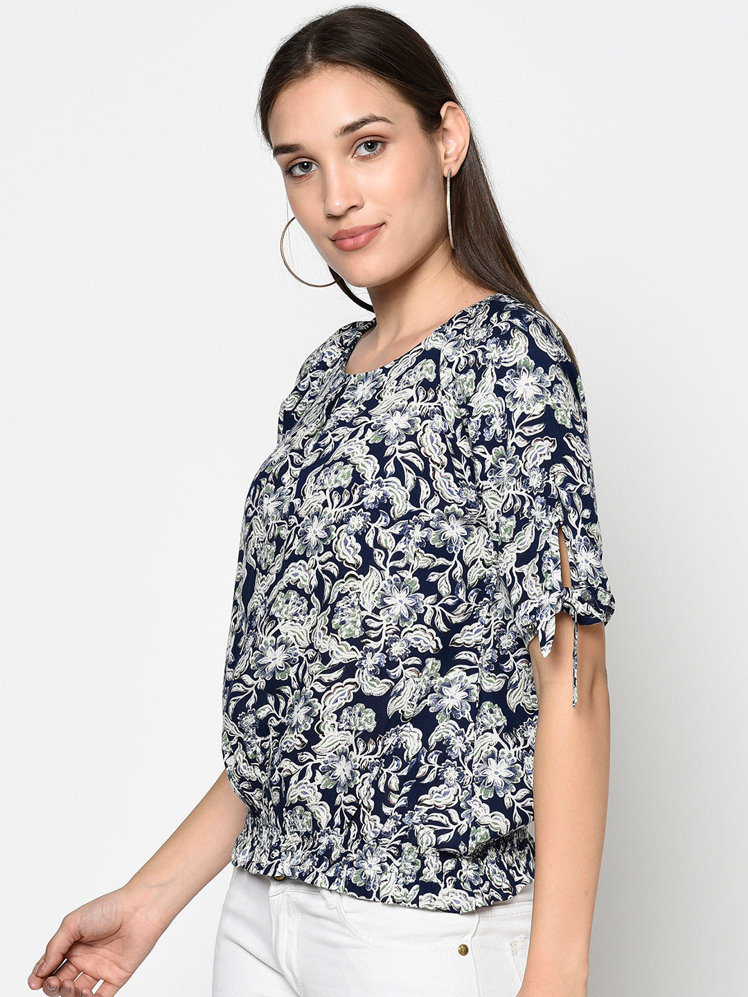 Navy Round Neck Woven Rayon Top With Elasticated Bottom