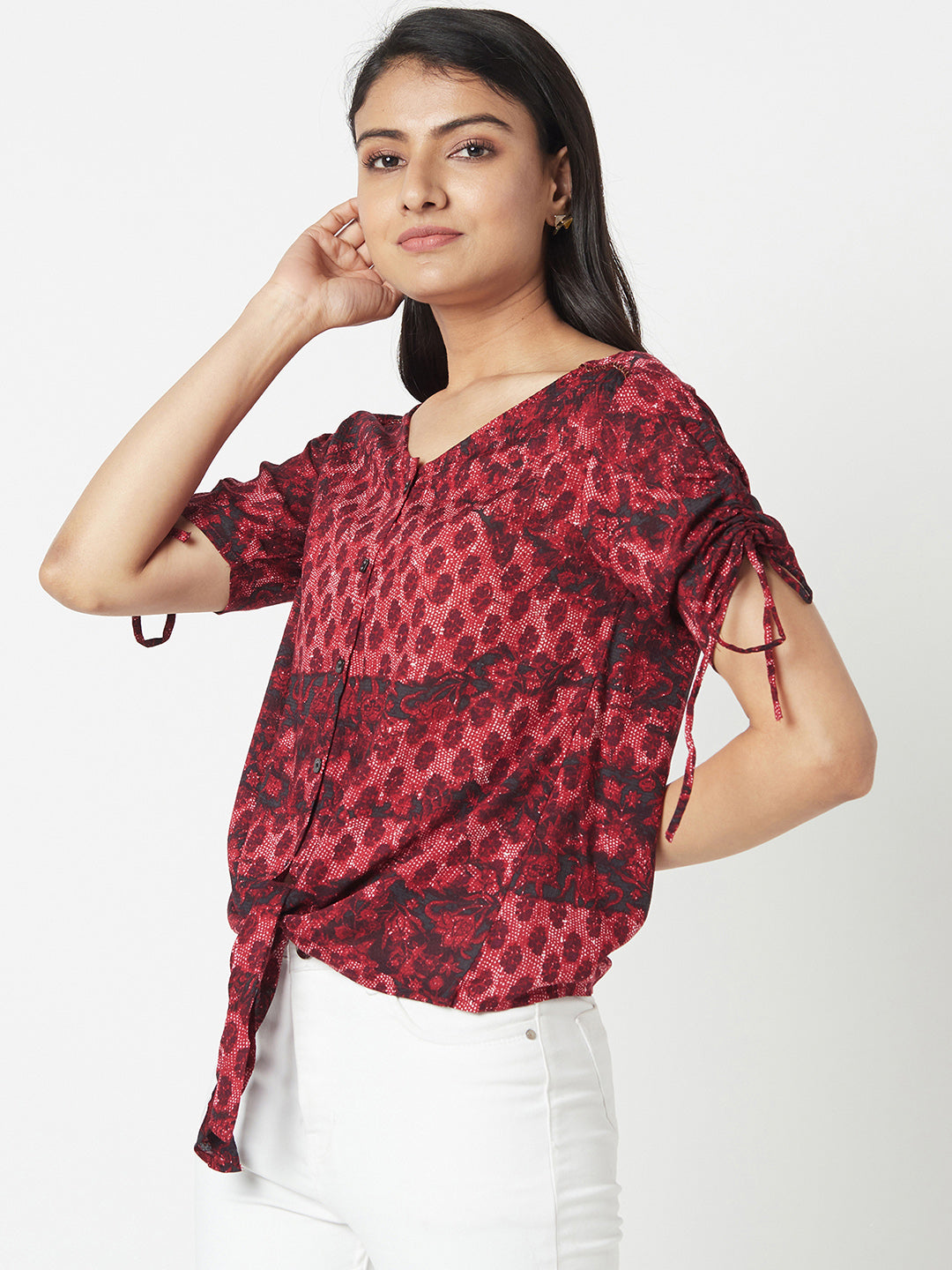 Red Round Neck Knotted Shirt