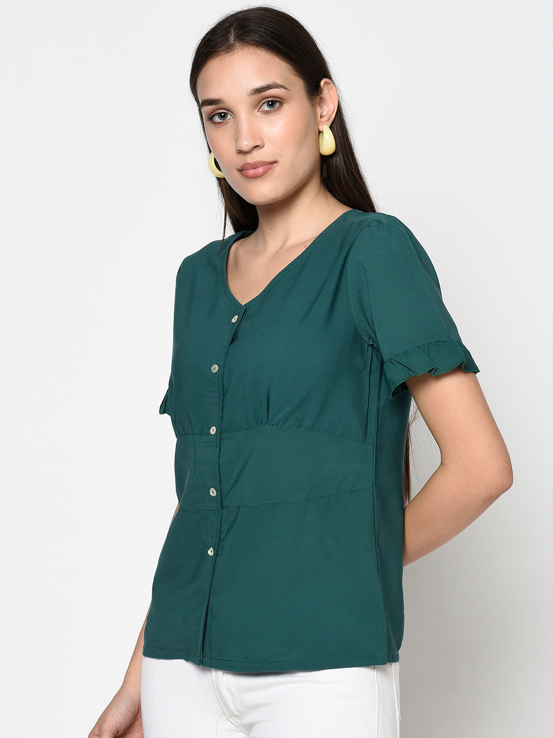 Green V Neck Buttoned Top