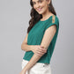 Green Short Top With Woven Front With Knitted Back & Shimmery Lace On Shoulder