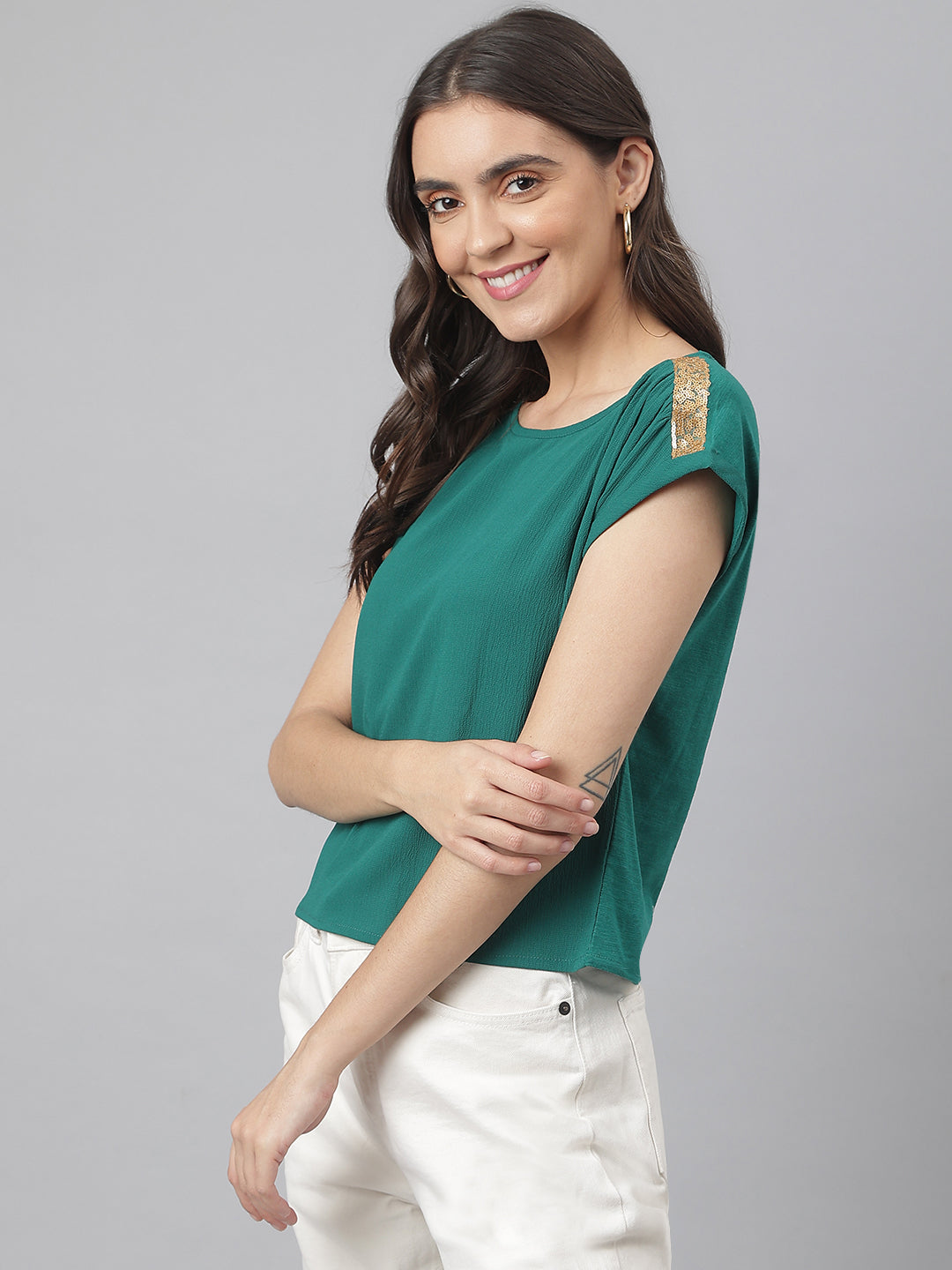 Green Short Top With Woven Front With Knitted Back & Shimmery Lace On Shoulder