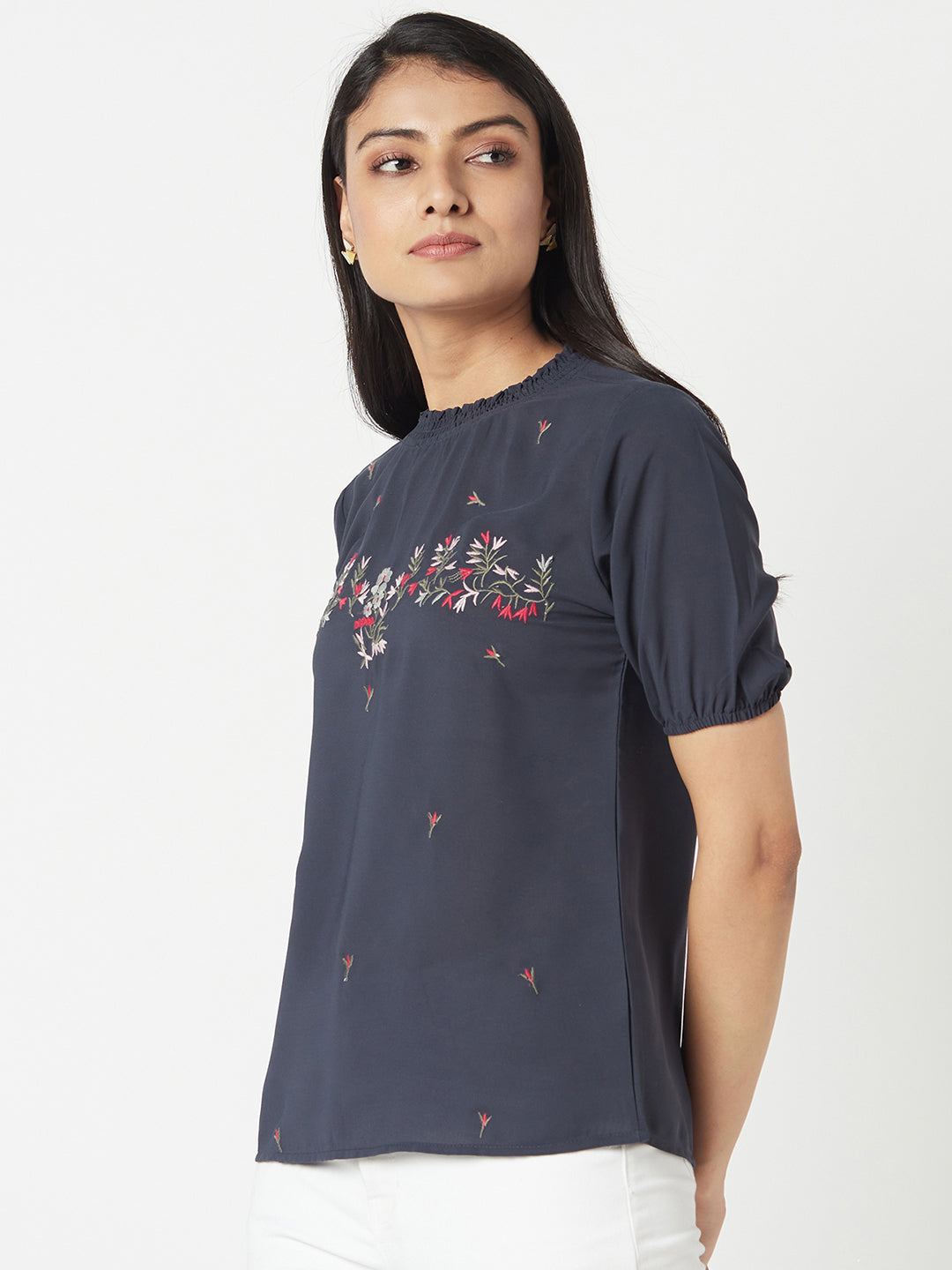 Navy Round Neck Embroidered Top