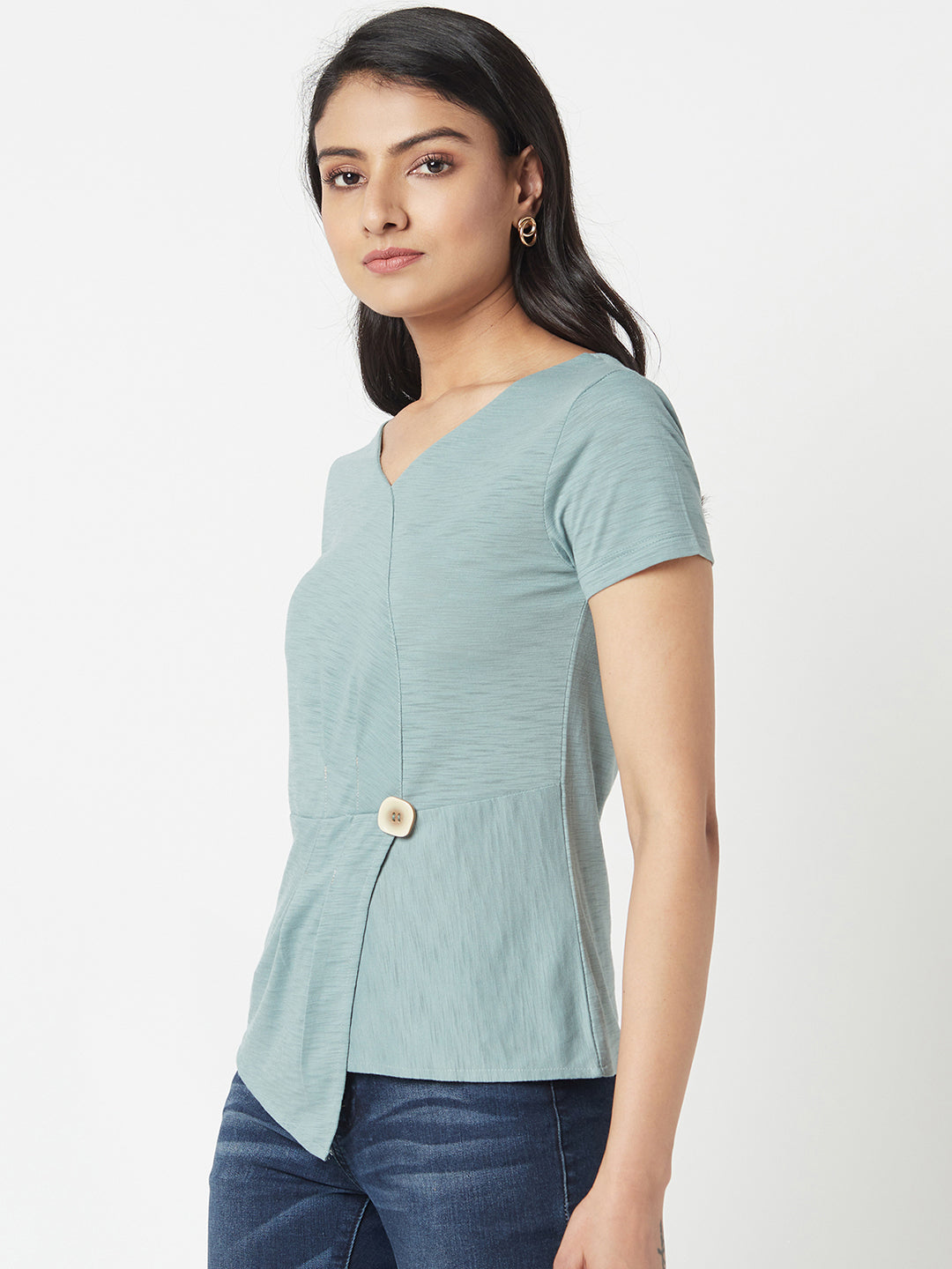 Green V Neck Cotton Top With Extended Side