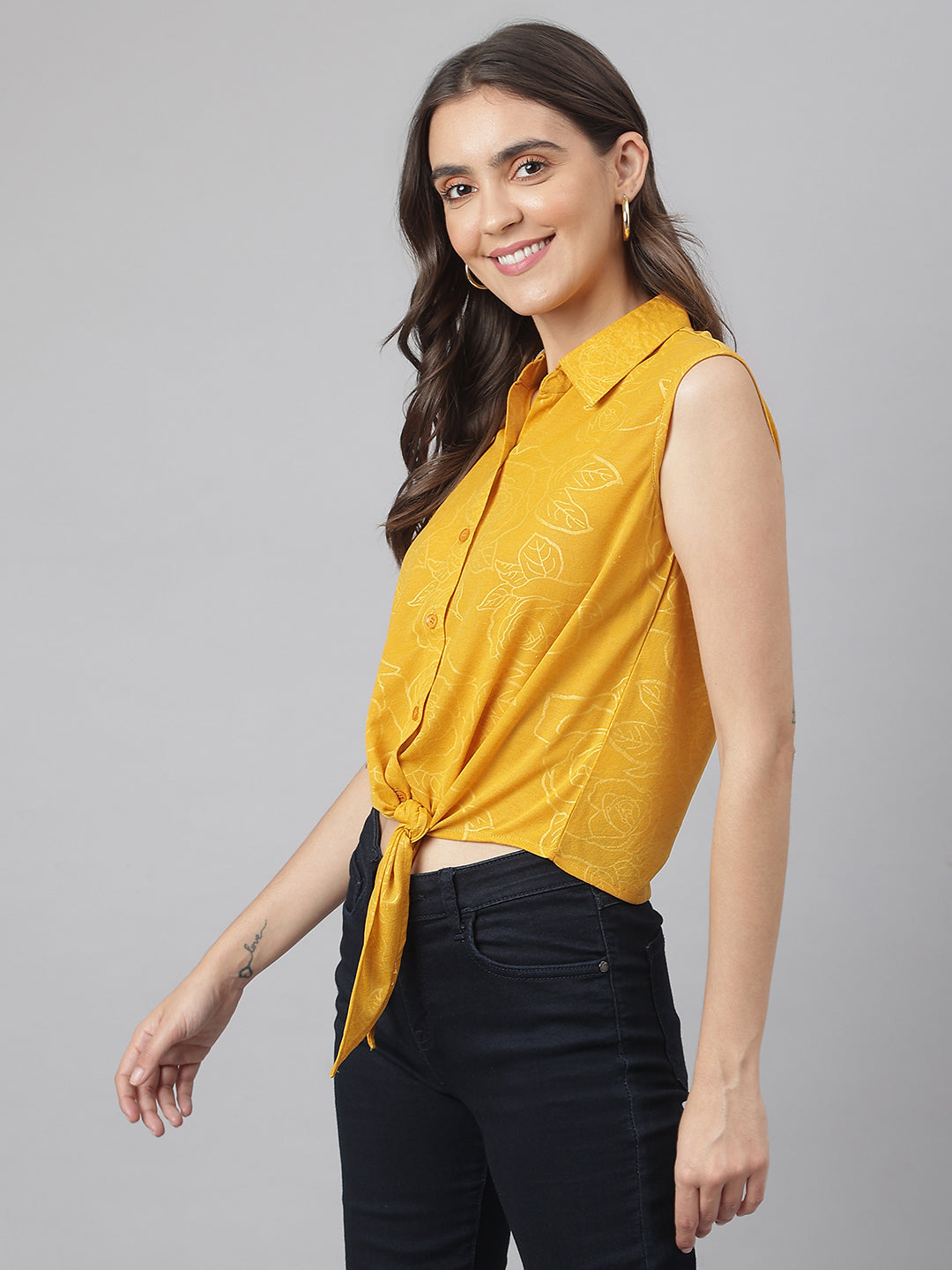 Mustard Cotton Blend Self Printed Floral Front Buttoned Knotted Shirt Top