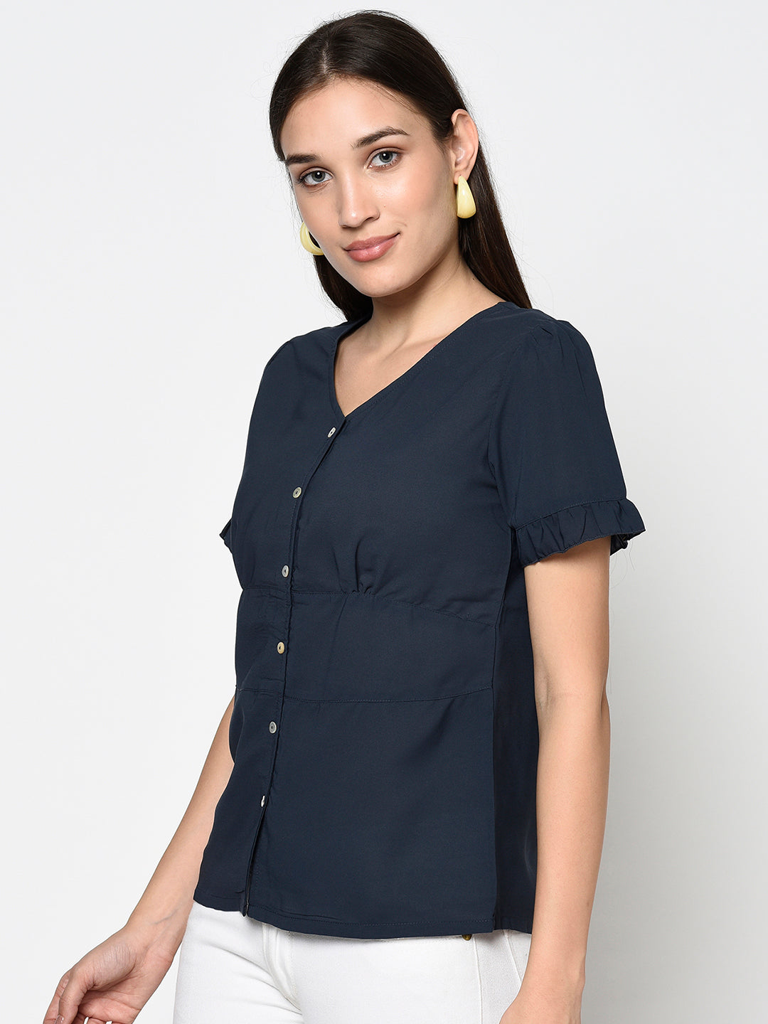 Navy Blue V Neck Buttoned Top