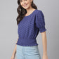 32176 - Navy Cotton Chicken Fabric Top With Smoking Waist Band & Sleeves