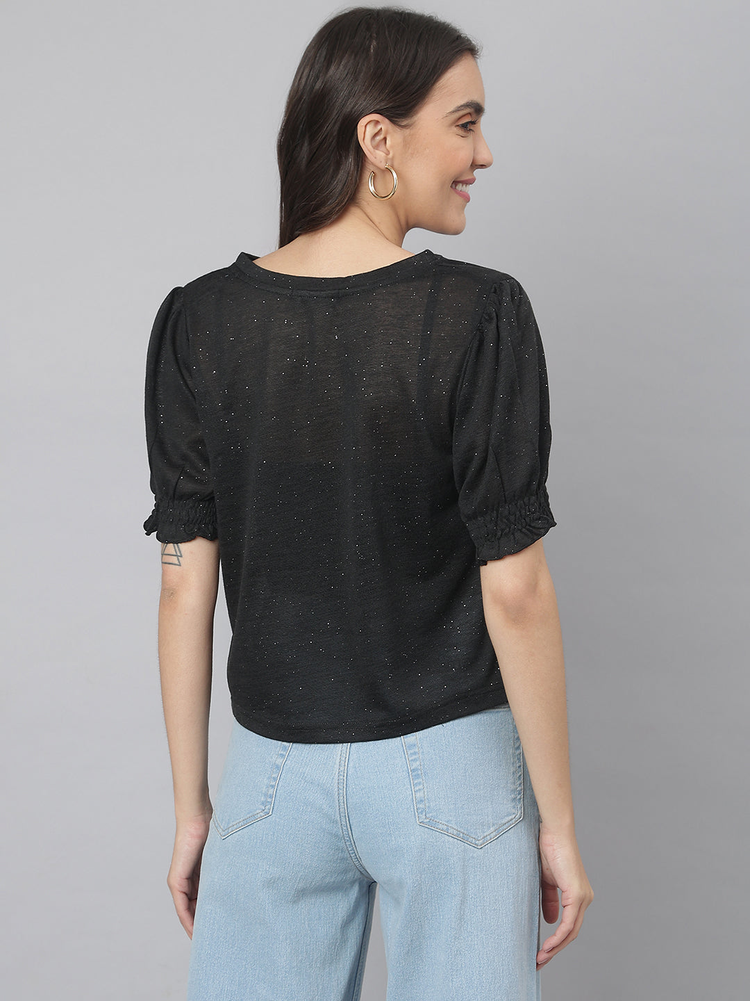 Black Round Neck Poly Blend Star Studded Knitted Top