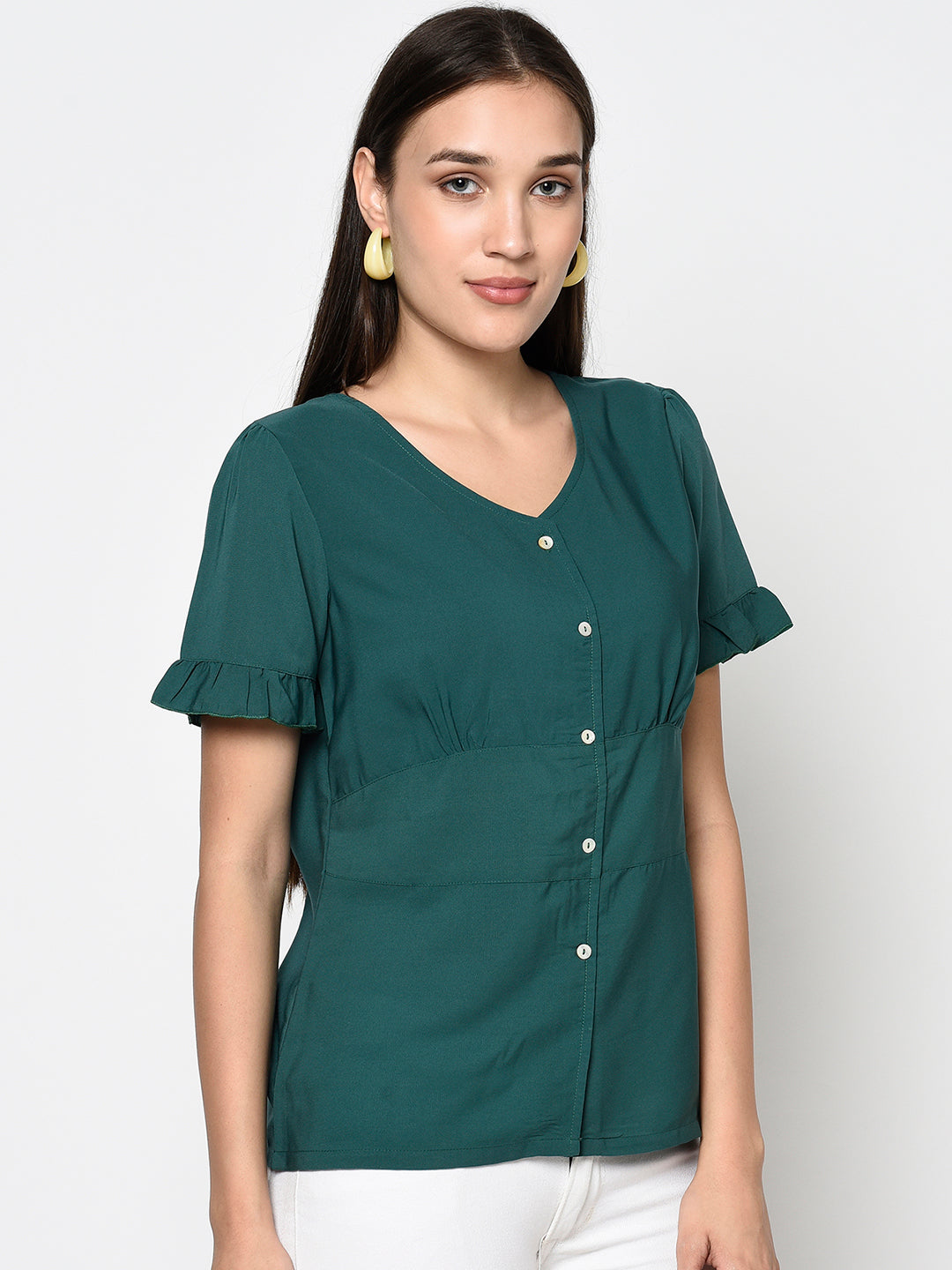 Green V Neck Buttoned Top