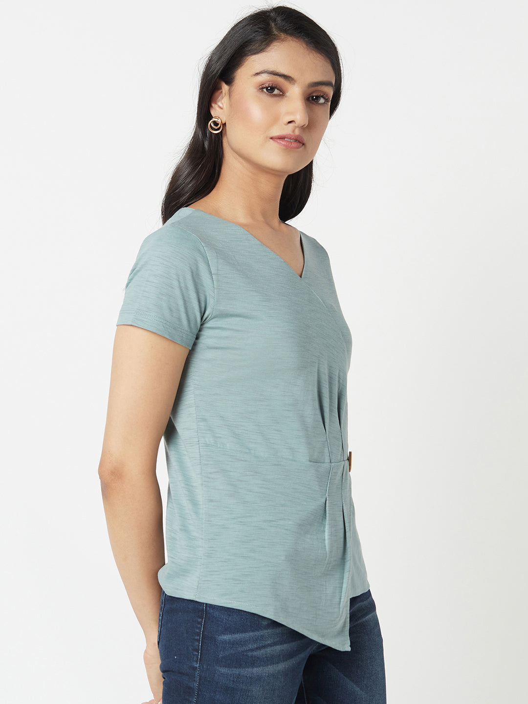 Green V Neck Cotton Top With Extended Side