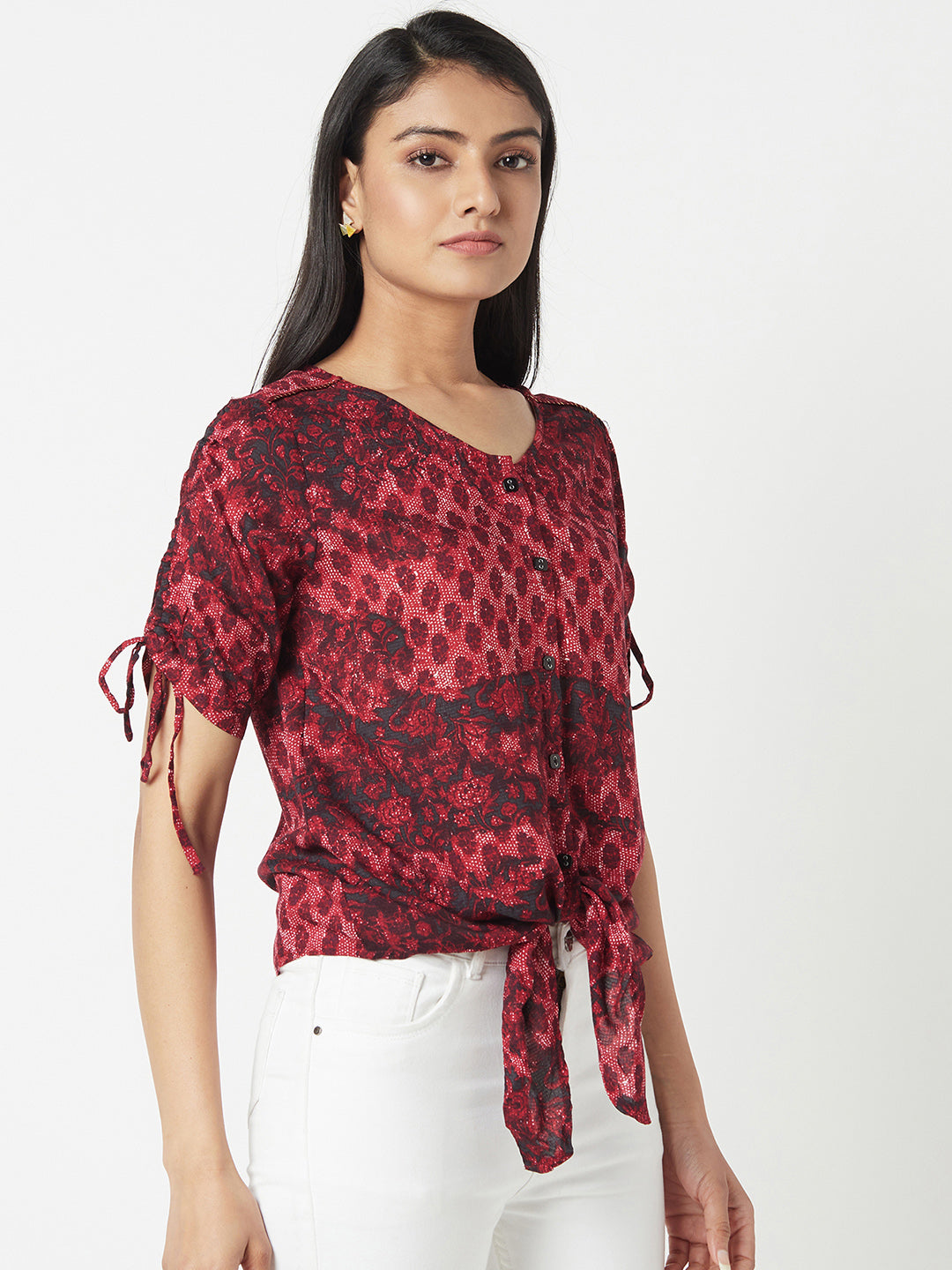 Red Round Neck Knotted Shirt