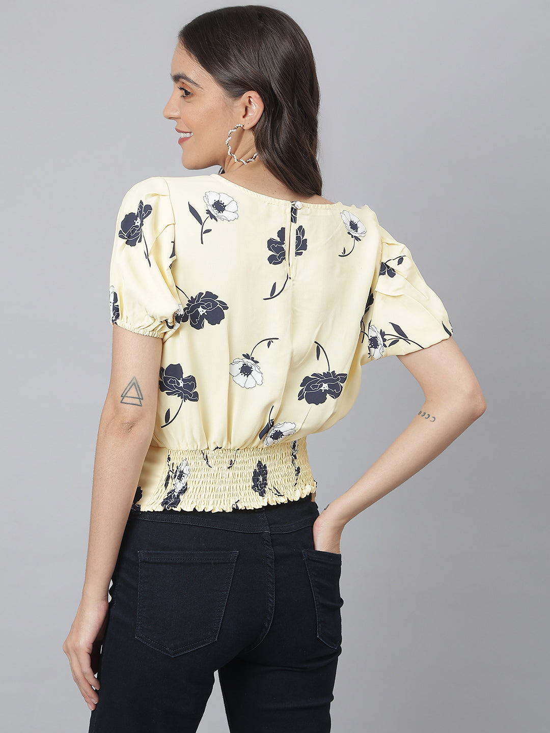 Lemon Floral Top With Elasticated Waist Band At Back For Perfect Fit