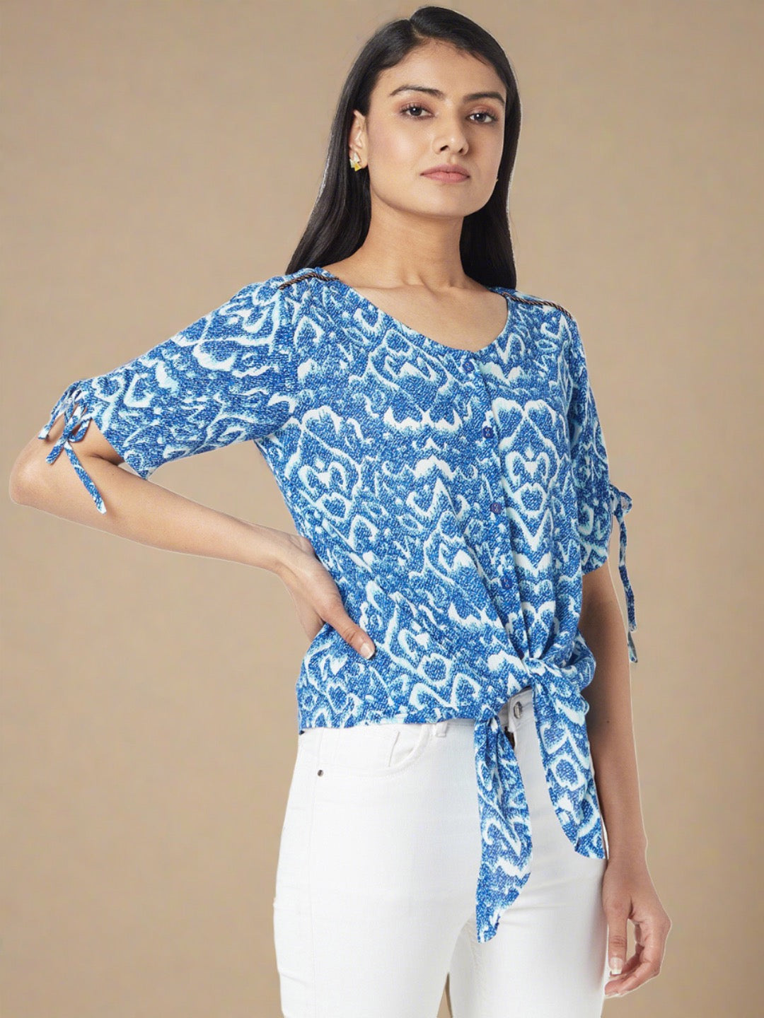 Blue Round Neck Knotted Shirt