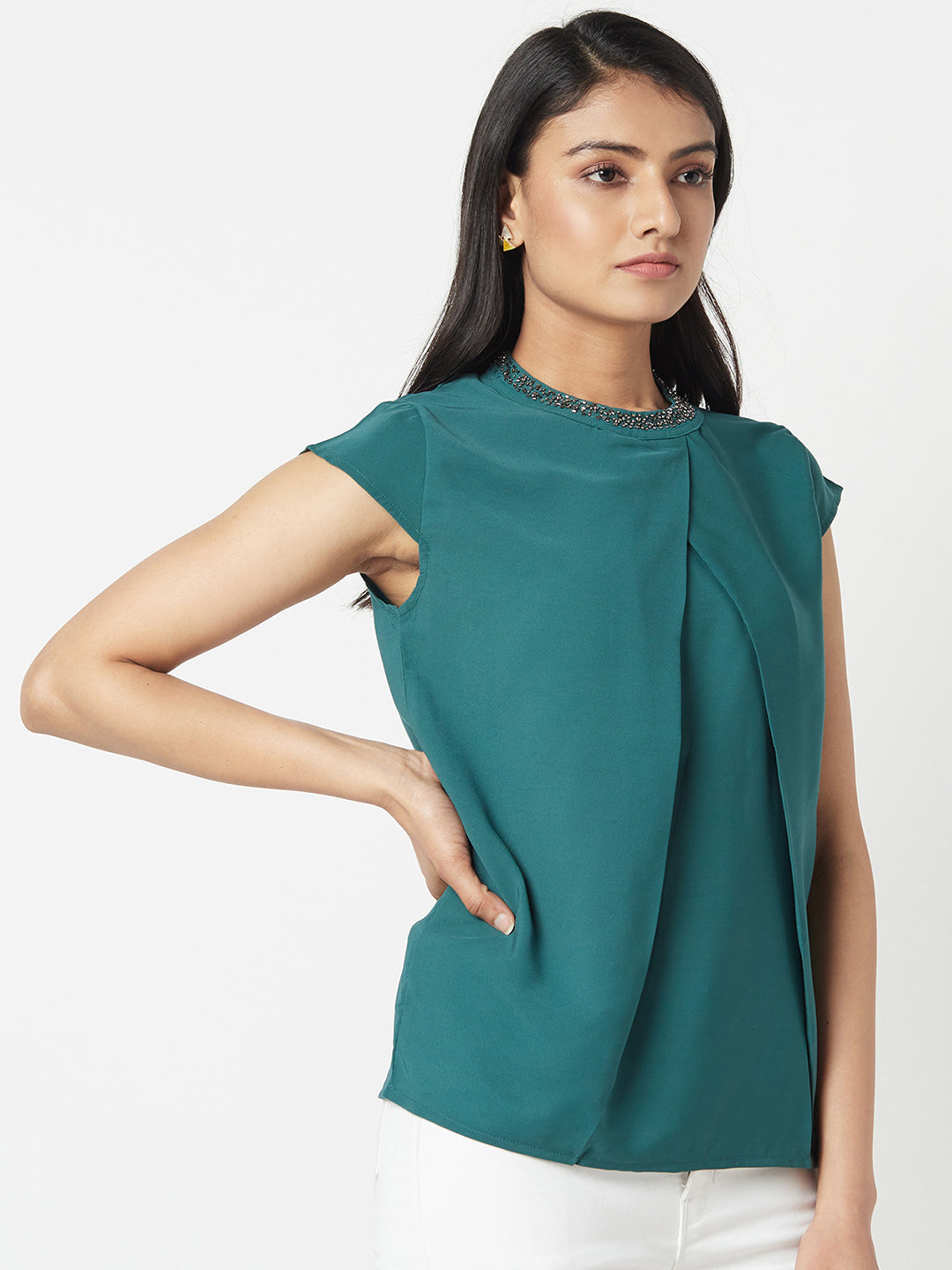 Green Round Neck hand Embroidered Formal Top