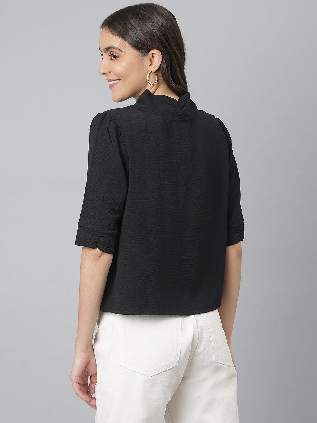 Black V Neck Poly Blend Formal Top With Elbow Sleeve