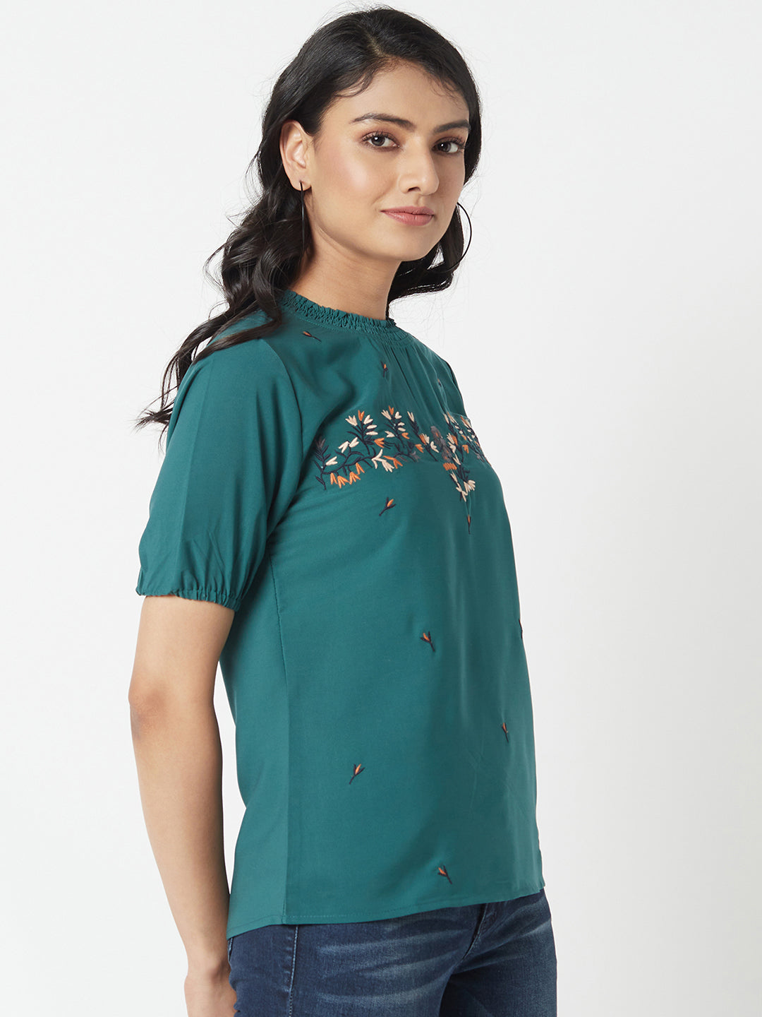 Green Round Neck Embroidered Top